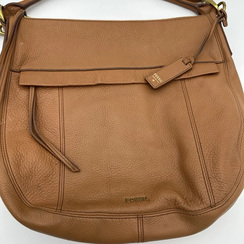 Fossil Genuine Leather Pebbled Brown Cognac Hobo Shoulder  Crossbody Bag 15x13